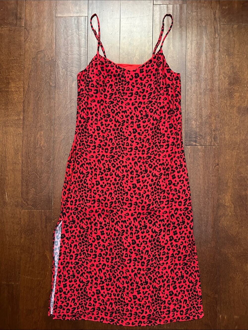 Charlie Holiday Red and Black Leopard-Print Slip Dress with Side Slits, Size 2